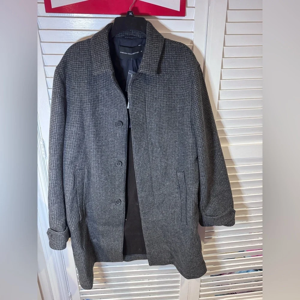 French Connection Men’s Double Breasted Shetland Wool Coat Charcoal Check M NWT - Picture 3 of 6